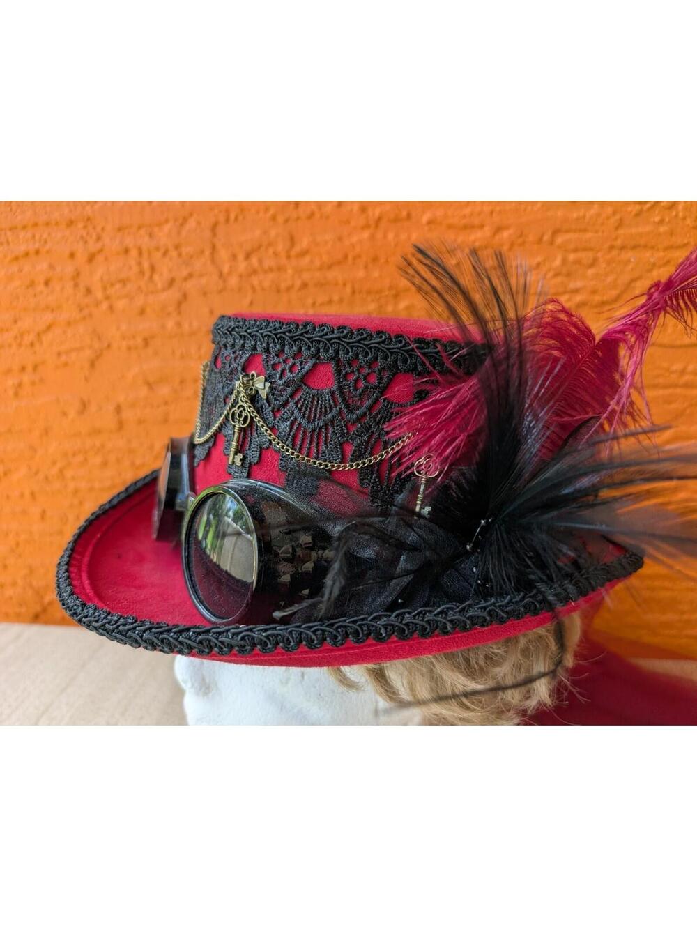 Black Red Steampunk Burning Man Top Hat With Goggles and Lace Party Head Gear - Picture 9 of 9